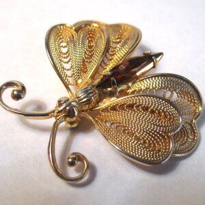 ESTATE GOLDTONE AND TOPAZ BUTTERFLY PIN 1 1/2"